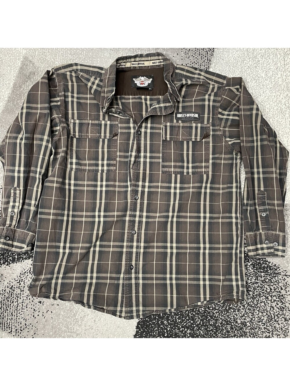 Harley Davidson Motorcycles Short Sleeve Plaid Shirt XL Harley Patch Button Down